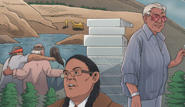 An illustrative medley of tirbal leaders, Warren Buffet, money, and paperwork against the backdrop of a dam and salmon