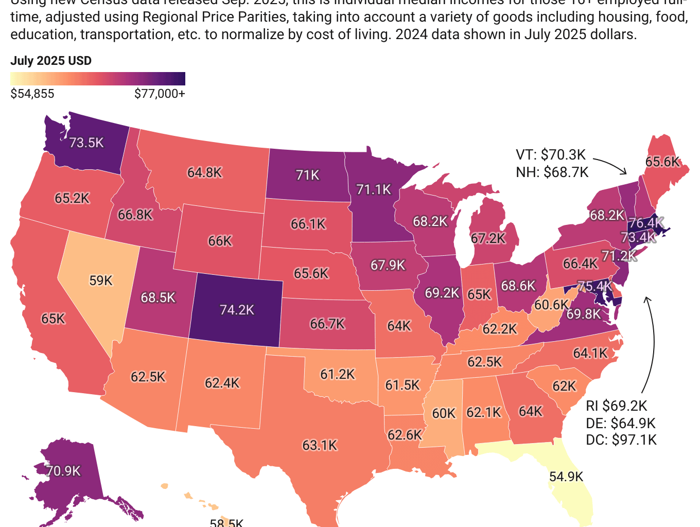 [OC] Cost-of-Living Adjusted Median Full-Time Individual Incomes by State, 2024
