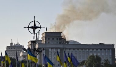 Smoke rises over the government headquarters in Kyiv, following Russian drone and missile strikes on September 7, 2025.