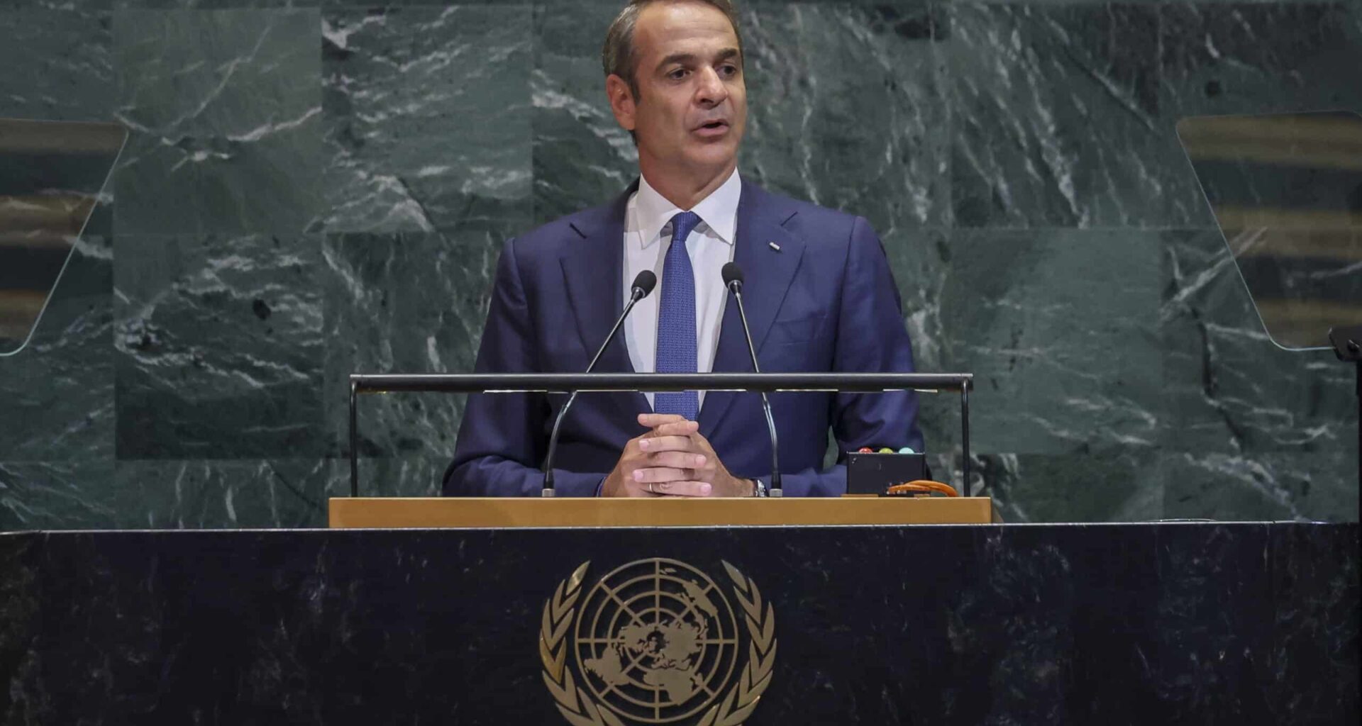 Prime Minister of Greece Kyriakos Mitsotakis speaks during the General Debate of the 80th session of the United Nations General Assembly