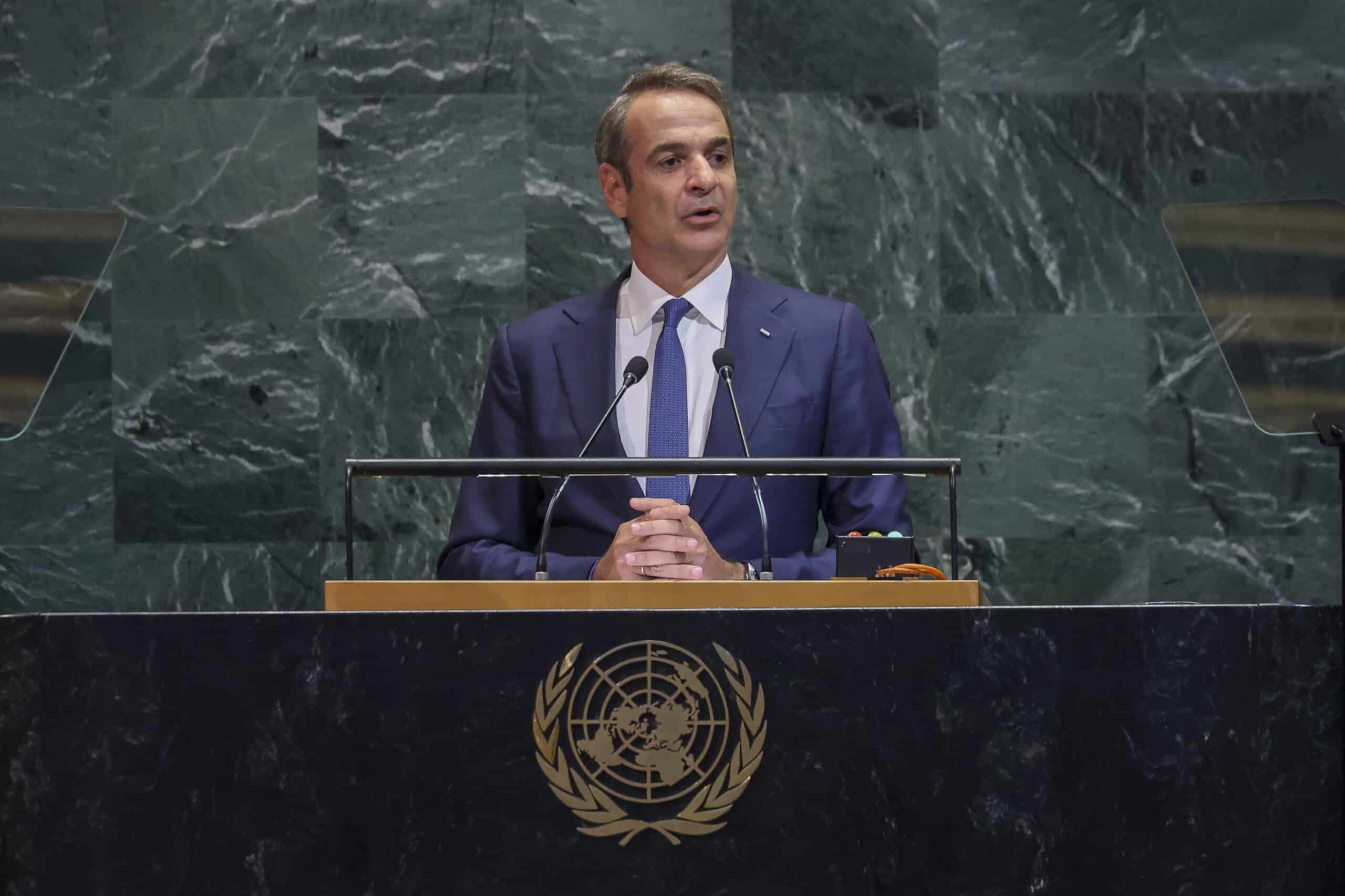 Prime Minister of Greece Kyriakos Mitsotakis speaks during the General Debate of the 80th session of the United Nations General Assembly