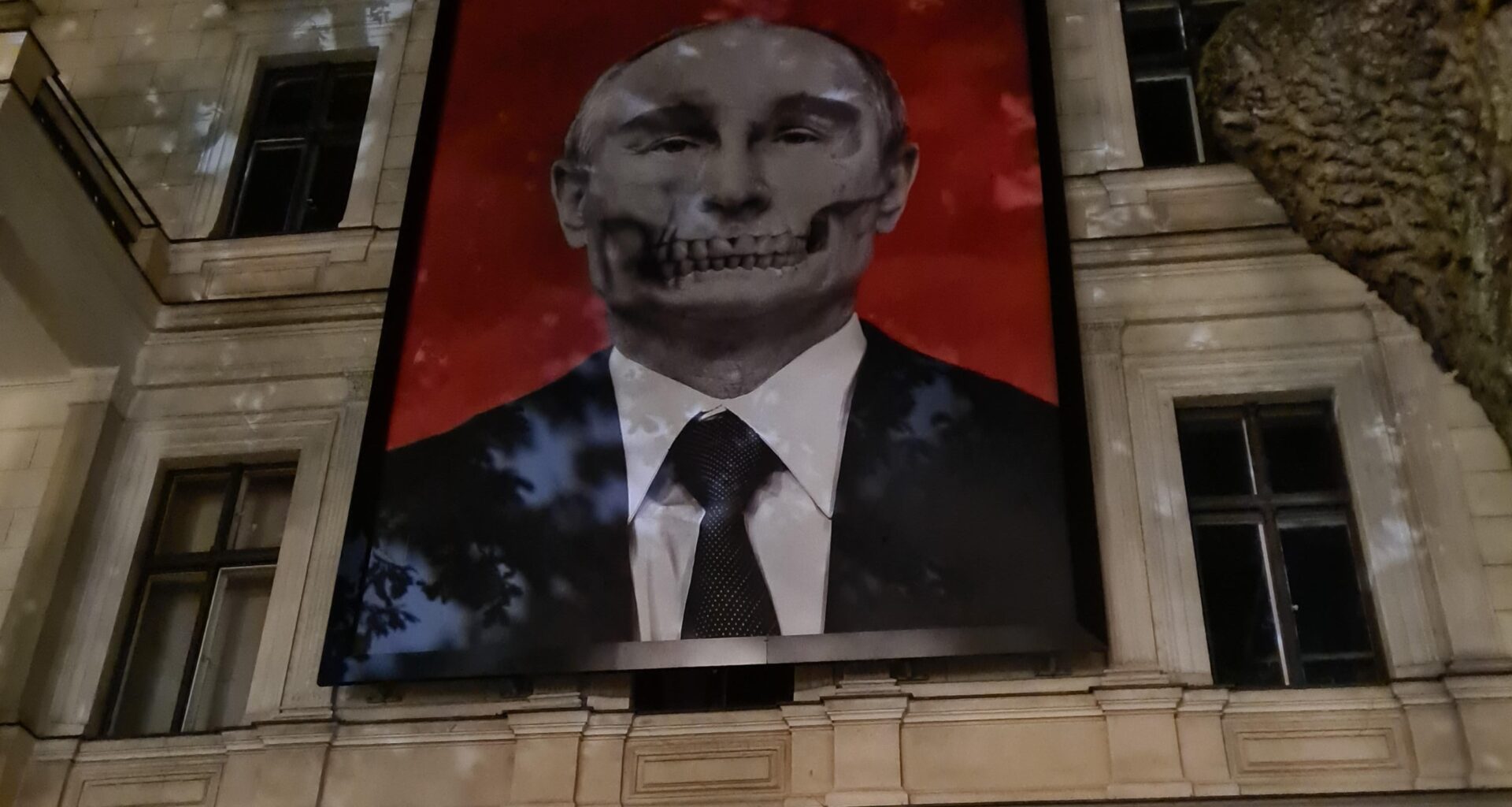 Poster in front of the Ruzzian ambassy in Riga, Latvia