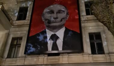 Poster in front of the Ruzzian ambassy in Riga, Latvia