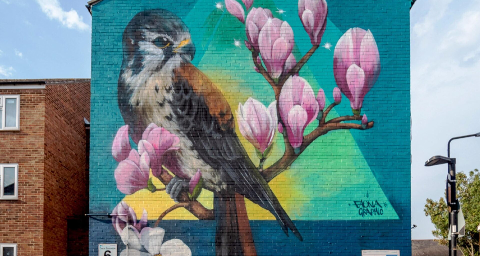 London mural festival - the largest artwork I painted in London, Kestrel & magnolia