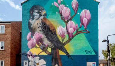 London mural festival - the largest artwork I painted in London, Kestrel & magnolia