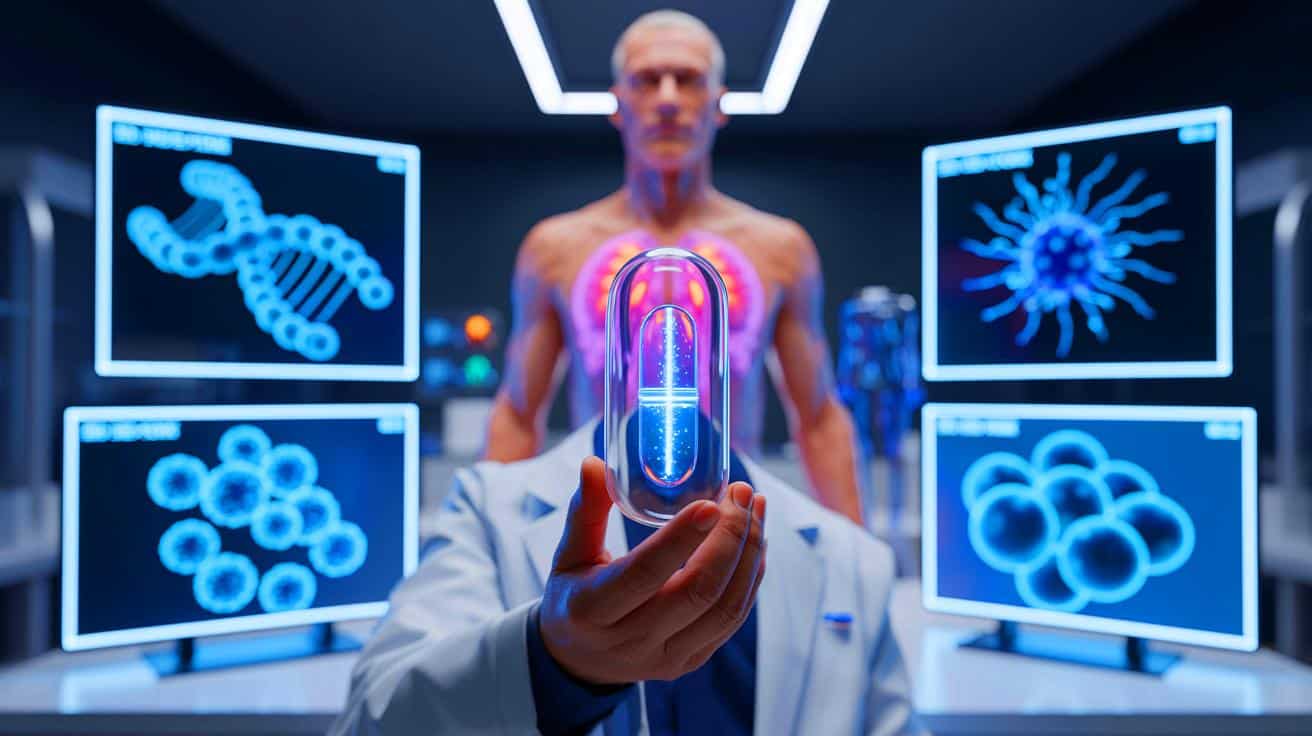 Illustration de la quête scientifique et technologique pour atteindre l'immortalité.