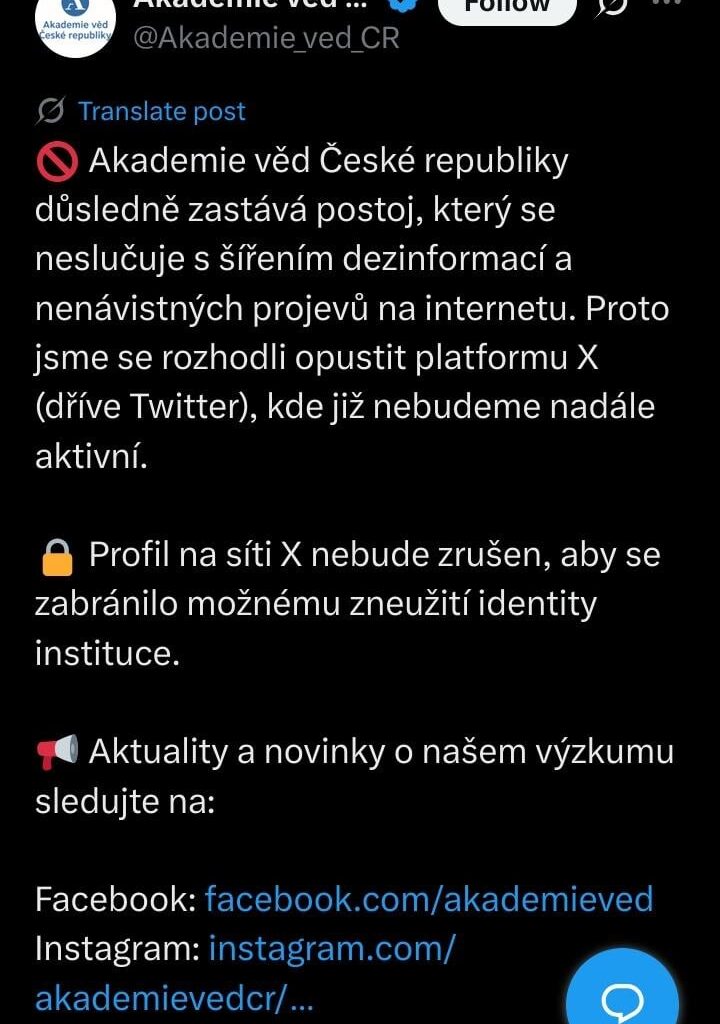 AVČR odchází z X kvůli dezinformacím a nenávisti