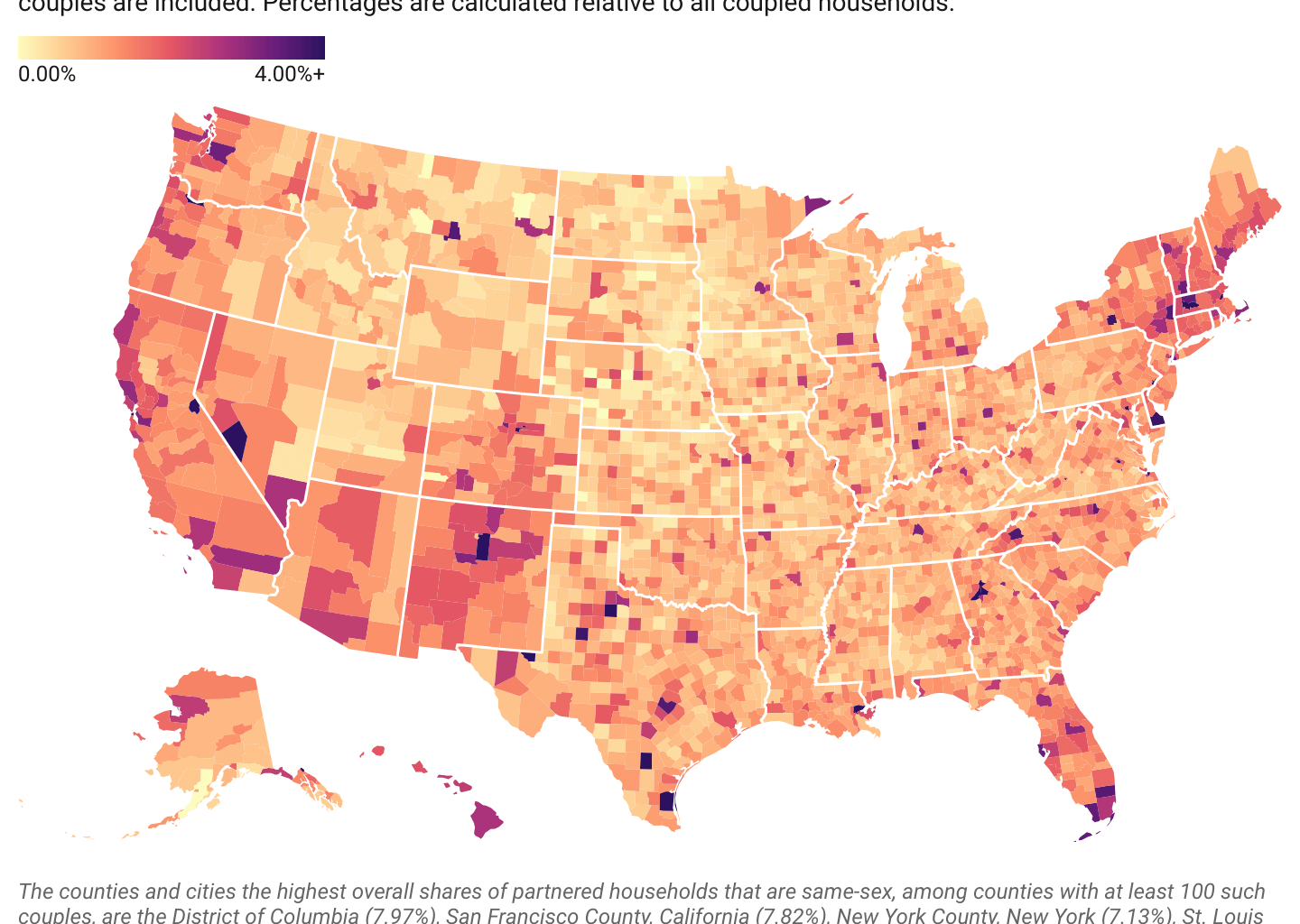 [OC] Gay and Lesbian Couples in the US, Mapped By County