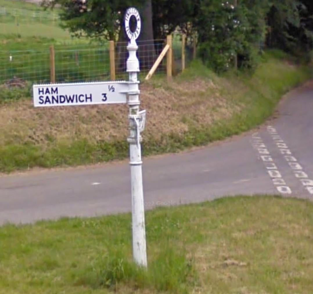Road sign in Kent. Sadly, Ham is not twinned with Mustard in Pennsylvania, USA.