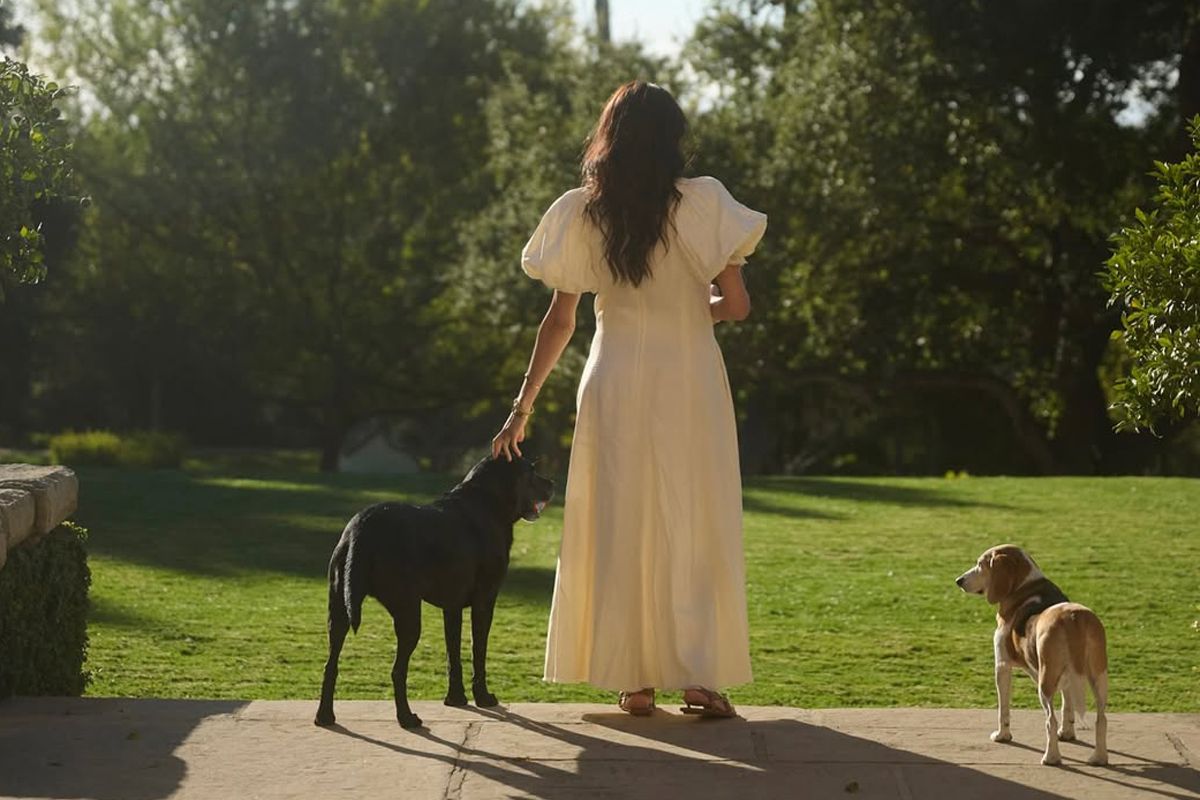 Meghan Markle Poses with Dogs in Backyard Snap Featuring Brand Logo Inspiration
