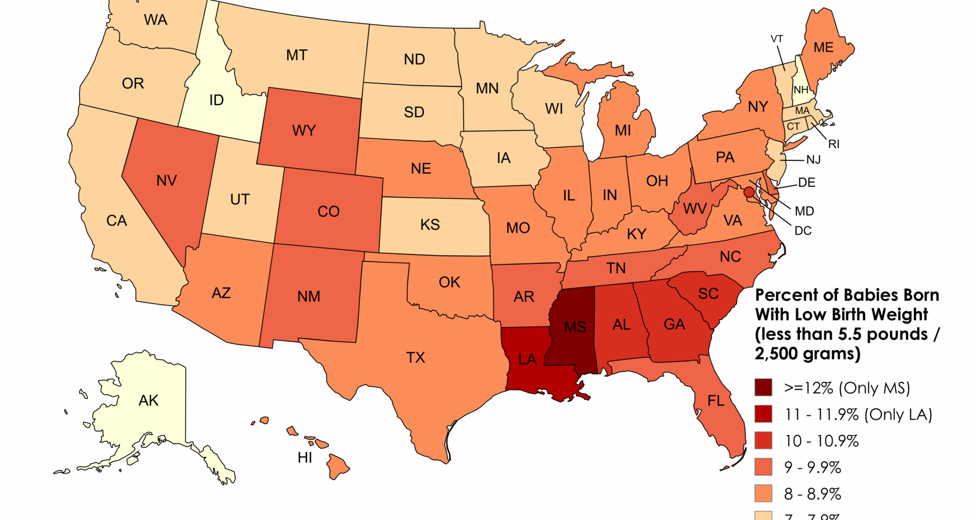 [OC] Percent of Babies Born With Low Birth Weight (less than 5.5 pounds / 2,500 grams)
