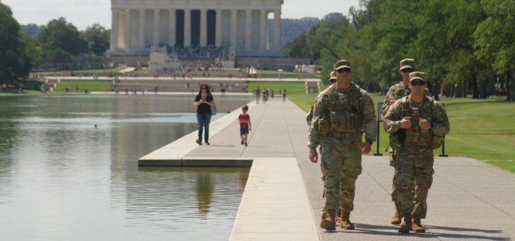 National Guard members on the National Mall near the Lincoln Memorial in Washington D.C.