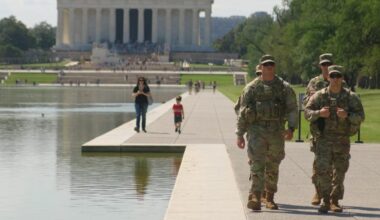 National Guard members on the National Mall near the Lincoln Memorial in Washington D.C.