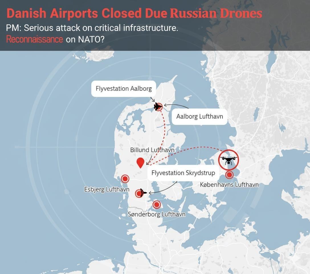 Russian drones flew near Danish military sites on the night of September 24-25, causing airport closures and cancelled flights. Officials are investigating heightened security threats.