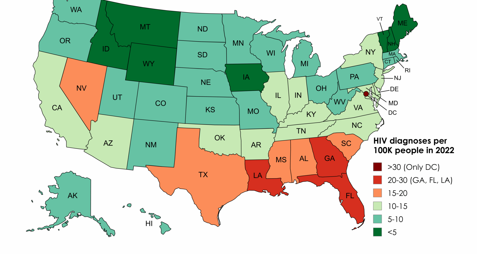 [OC] HIV diagnoses per 100K people in 2022 by US state