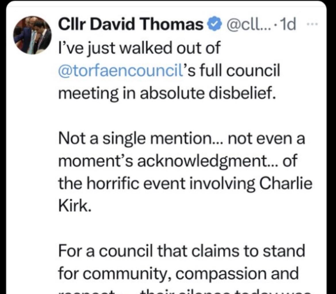 Gammon upset that a council in Wales hasn’t acknowledged Charlie Kirk’s death.