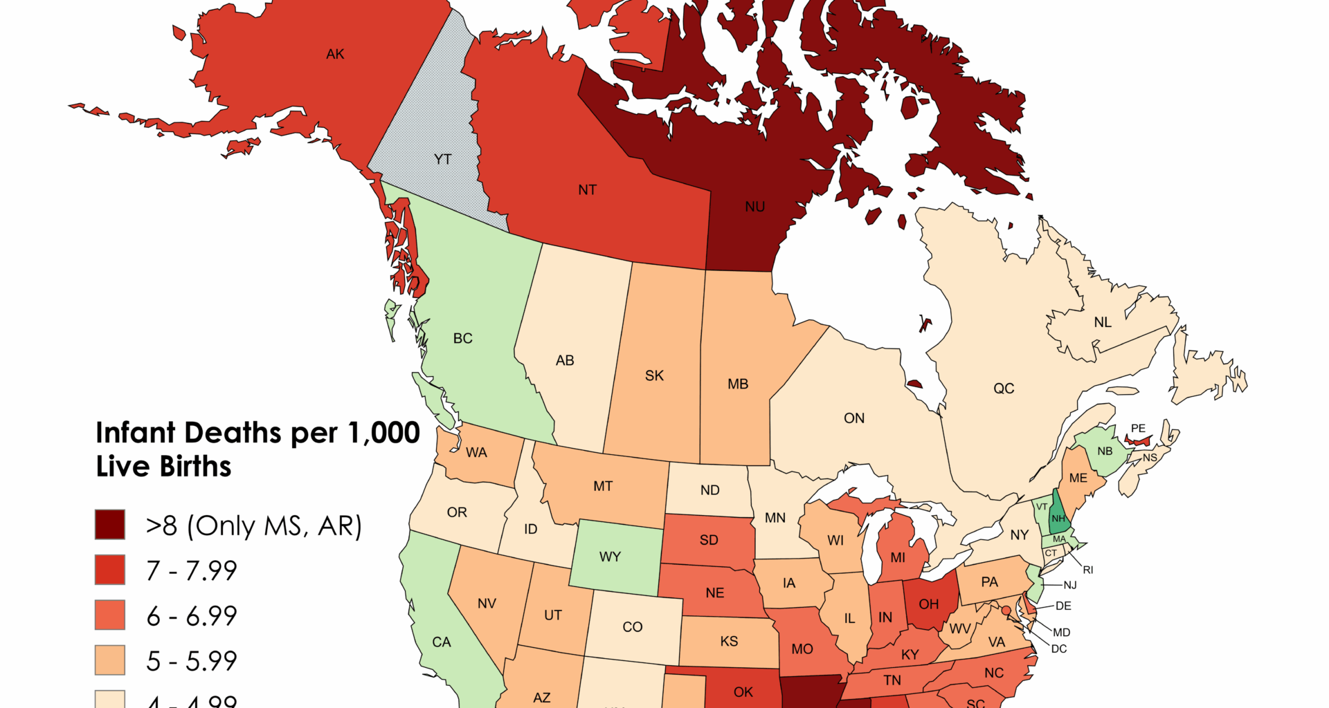 [OC] Infant Deaths per 1,000 Live Births by State and Province