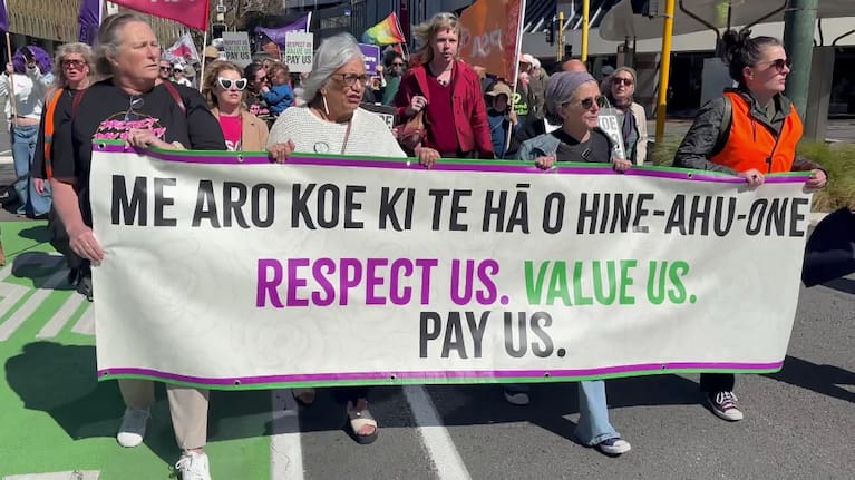 The March for Pay Equity approaches parliament.