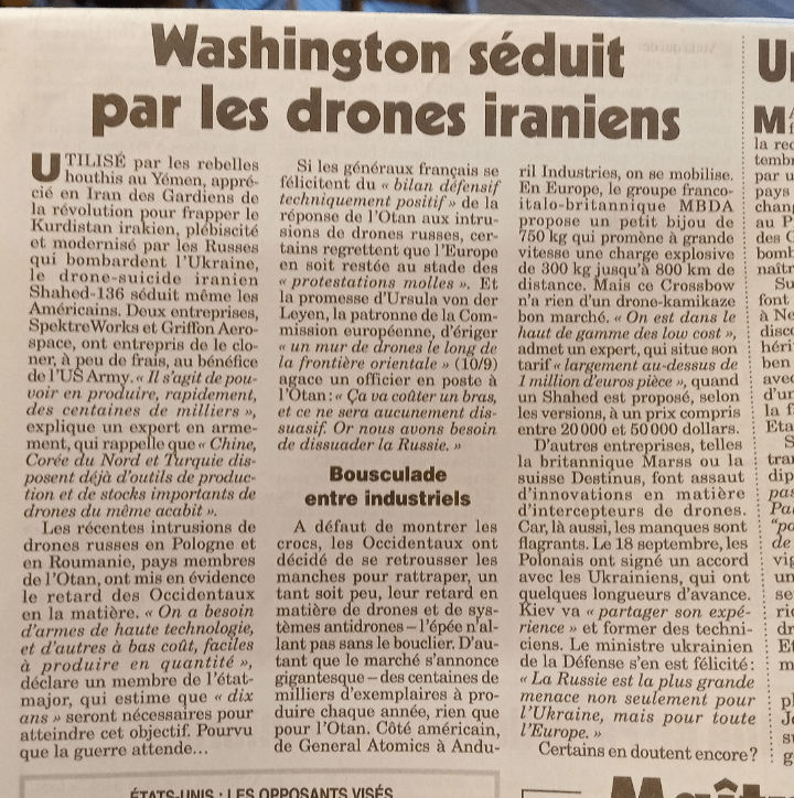 Washington séduit par les drones iraniens( le canard enchaîné 24/09/25)