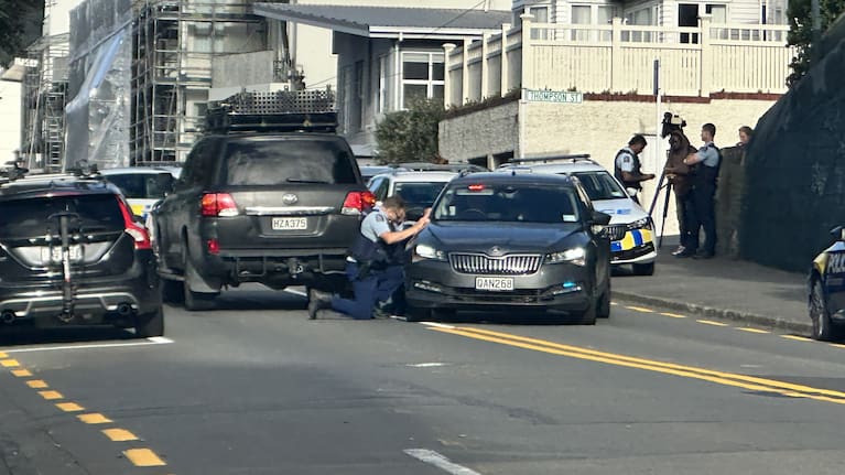 Police on Webb St in the Wellington suburb of Te Aro.