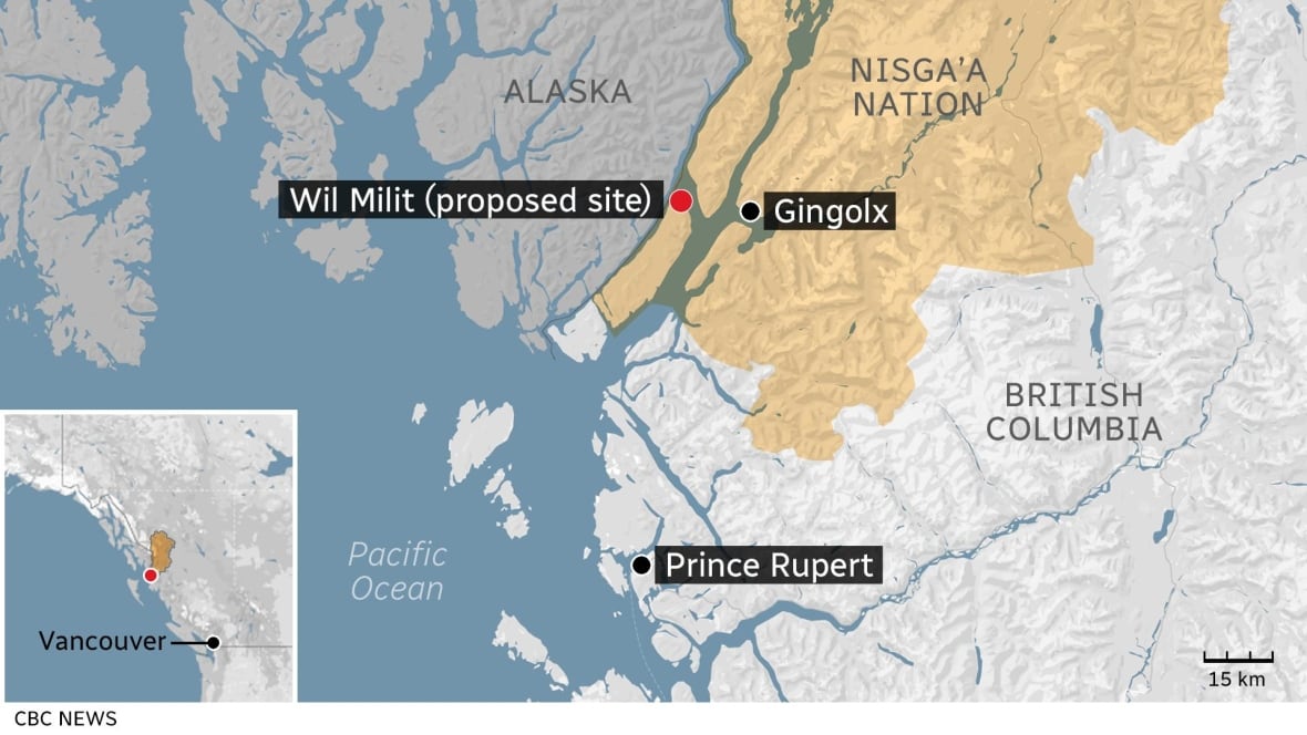A map showing proposed site for the Ksi Lisims LNG project