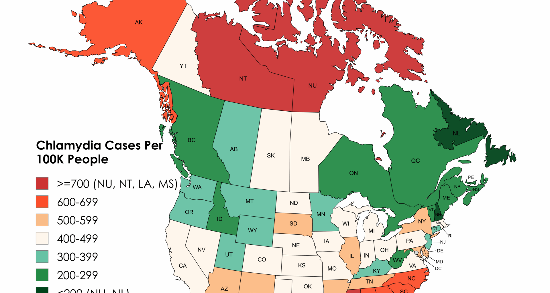 [OC] Chlamydia Cases Per 100K People by State and Province