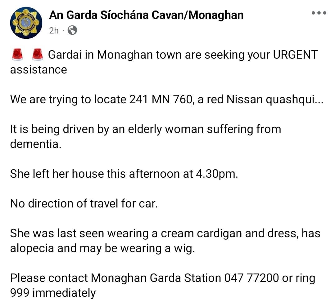 Garda in Monaghan Appeal for missing driver (no direction listed, so could travel north)