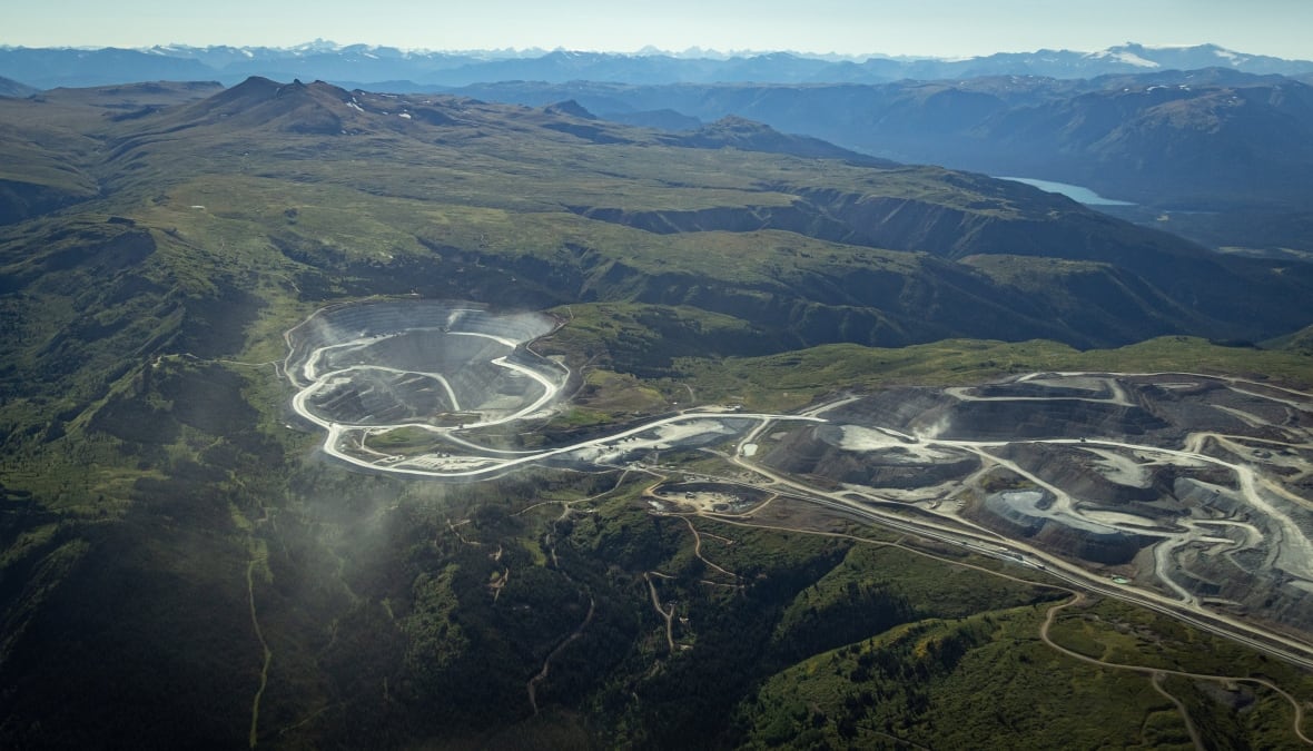 The open pits and waste rock pile at Red Chris Mine in the headwaters of the Iskut River