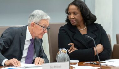 Fed chair Jay Powell is seen in discussion with board member Lisa Cook. Pic: AP