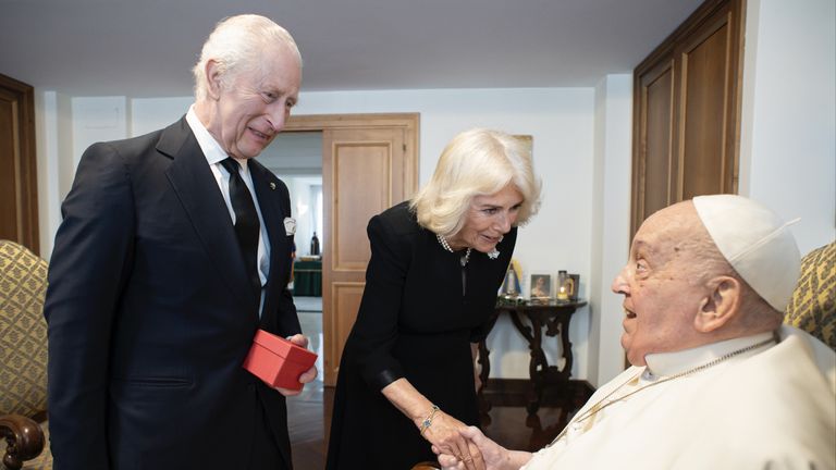 The King and Queen meeting Pope Francis before his death. Pic: PA