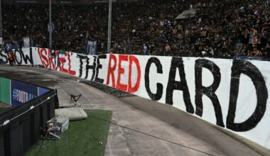 PAOK fans display a huge banner that read 'Show Israel the red card' during a match between PAOK and Maccabi Tel Aviv. Pic: AP