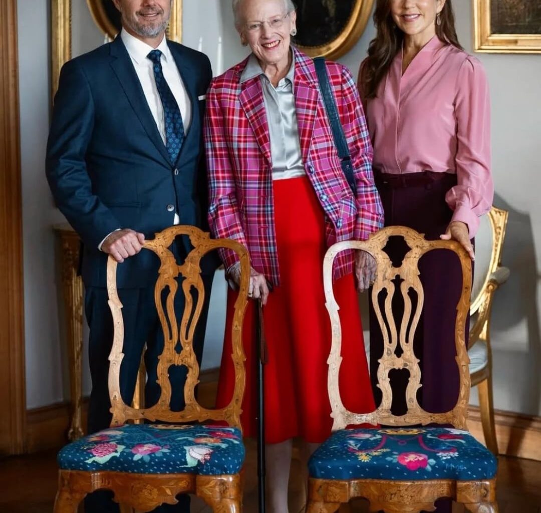 Queen Margrethe Presents Two Embroidered Chairs to King Frederik and Queen Mary