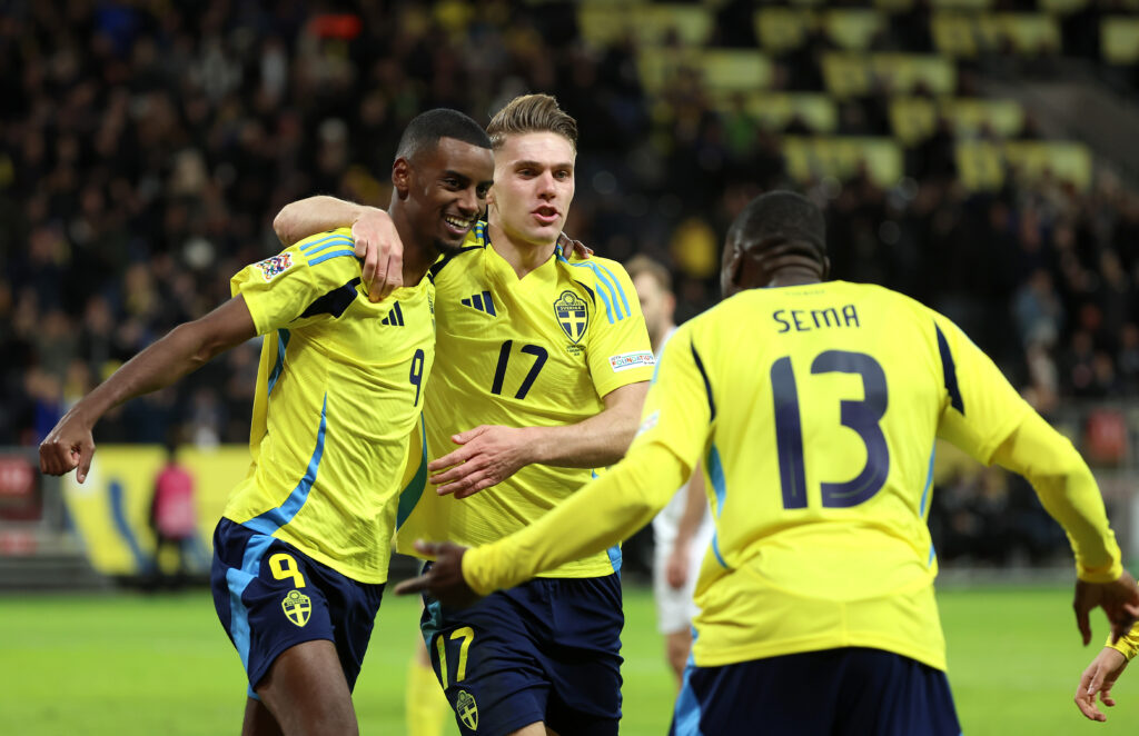 Gyokeres & Sweden face uphill battle to reach World Cup 3 SOLNA, SWEDEN - NOVEMBER 16: Alexander Isak of Sweden celebrates scoring his team's second goal with team mate Viktor Gyokeres and Ken Sema of Sweden during the UEFA Nations League 2024/25 League C Group C1 match between Sweden and Slovakia at the Strawberry Arena on November 16, 2024 in Solna, Sweden. (Photo by Michael Campanella/Getty Images)