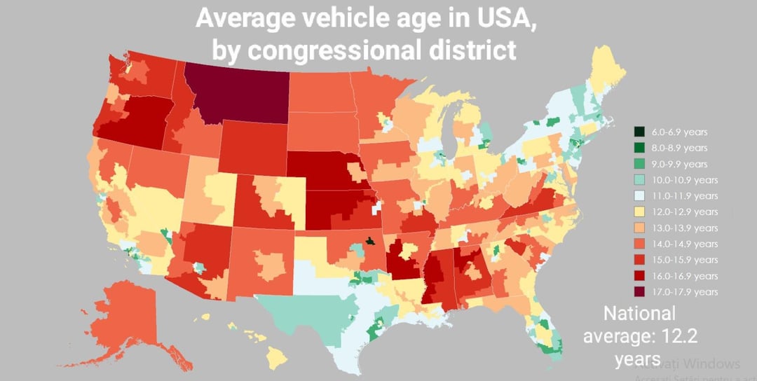 Average vehicle age in USA by congressional district [OC]