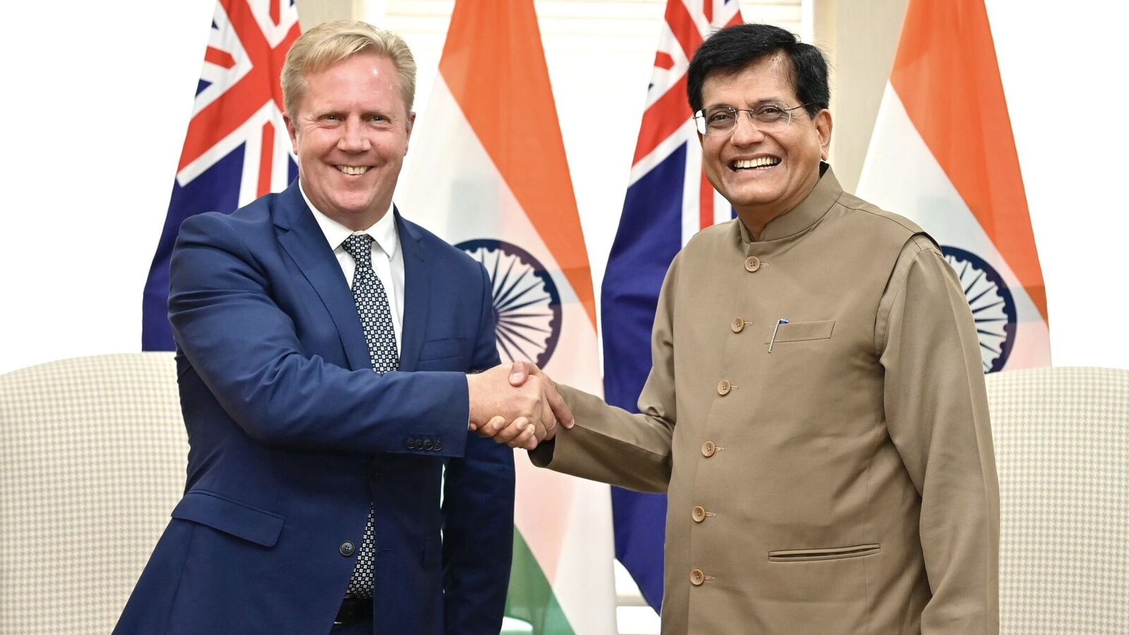 New Zealand’s Trade Minister Todd McClay and Union Minister of Commerce and Industry Piyush Goyal