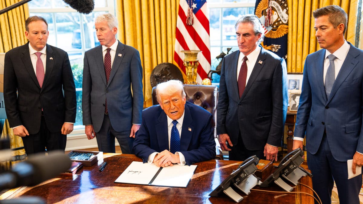 EPA Administrator Lee Zeldin, Secretary of Energy Chris Wright and Secretary of the Interior Doug Burgum join President Donald Trump in the Oval Office. 