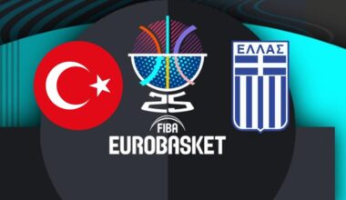 EuroBasket 2025 logo is flanked by the Turkish flag and Greece’s national emblem, Sept. 12, 2025. (Türkiye Today)