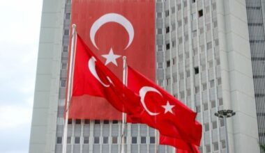 Turkish National Flags hanging over the Foreign Ministry Building in Ankara, Türkiye at an undated time. (Adobe Stock Photo)