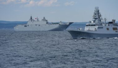 TCG Anadolu and naval assets are seen off the coast of the Black Sea for the parade to be held in the Bosphorus in Istanbul, Türkiye, Aug. 23, 2025. (AA Photo)