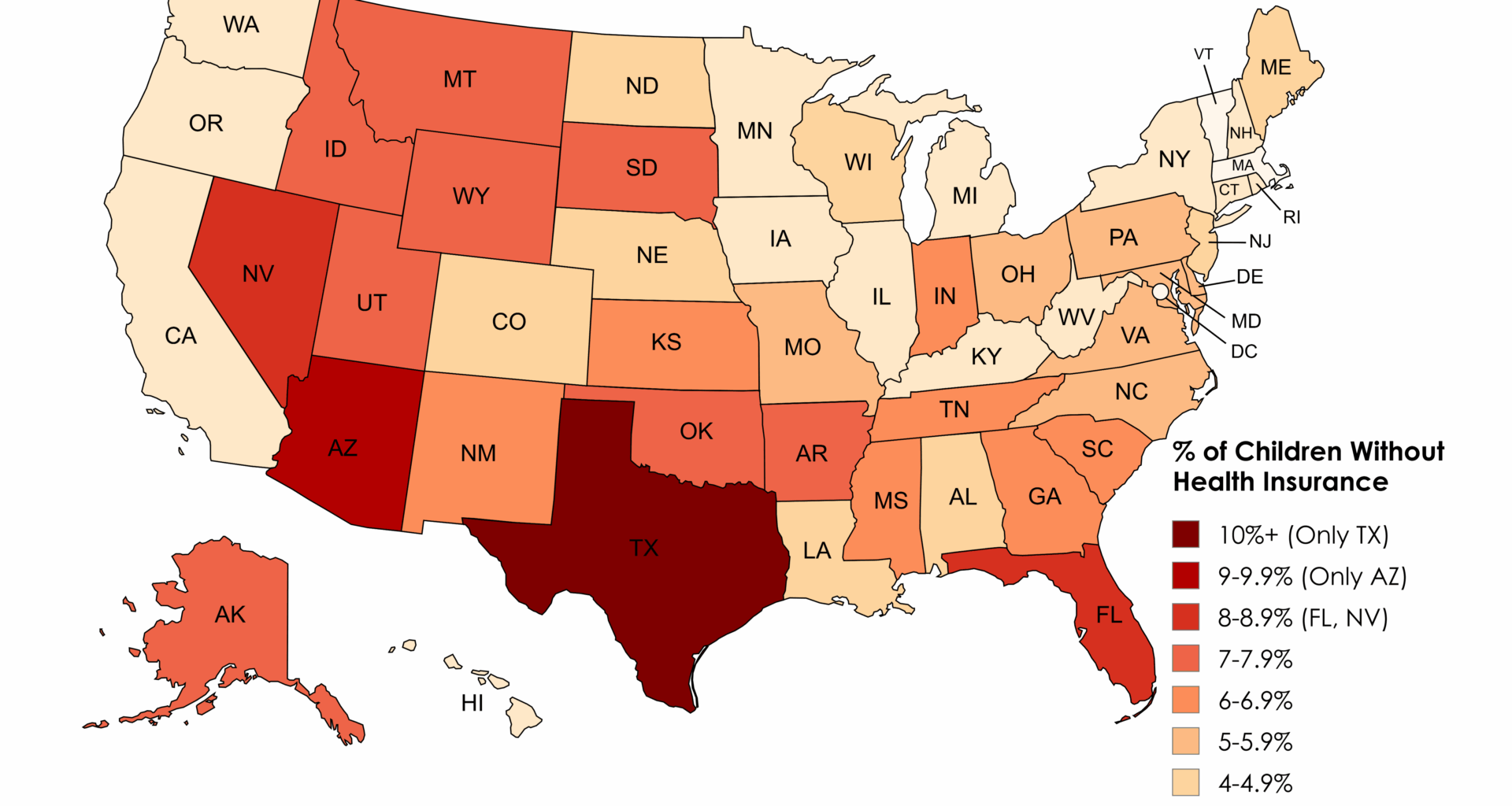 [OC] Percentage of Children Without Health Insurance in 2023 by US State