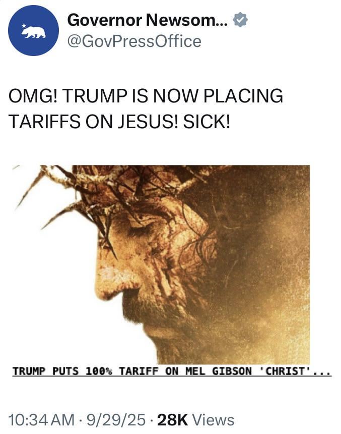Pedo Trump’s tariffs are so dumb they’ll even smack MAGAT Mel Gibson’s Jesus movie…filmed outside the USA. Imagine crying ‘America First’ while crucifying your own grift.