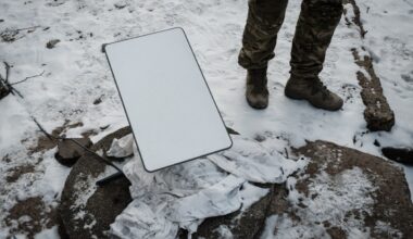 A Ukrainian serviceman stands next to the antenna of the Starlink satellite-based broadband system in Bakhmu.
