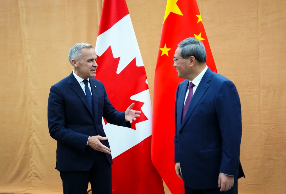 Two men in suits speak in front of Canadian and Chinese flags.