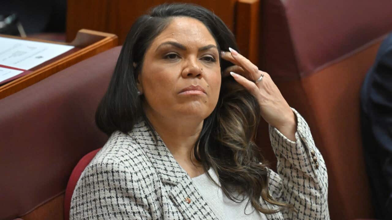 A woman sits in parliament.