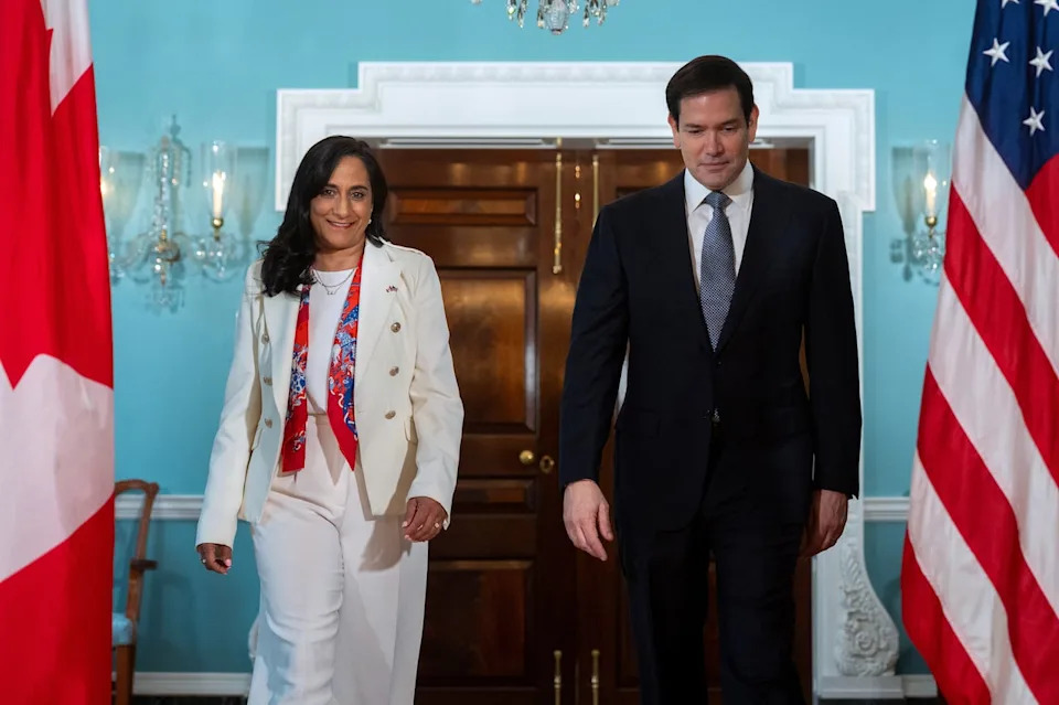 U.S. Secretary of State Marco Rubio, right, meets with Foreign Minister Anita Anand at the State Department in Washington last month. Anand said she spoke Tuesday with a Canadian ICC judge who is facing U.S. sanctions. (Cliff Owen/The Associated Press - image credit)