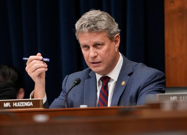 Bill Huizenga (R-MI) at House Committee on Financial Services hearing regarding navigating the digital payments ecosystem examining a Federal framework for payment stablecoins and consequences of a U.S. Central Bank Digital Currency at the United States Capitol on Tuesday, March 11, 2025. (Jack Gruber / USA TODAY NETWORK)