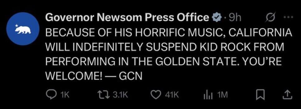 Gavin Newsom BANS Kid Rock from performing in California