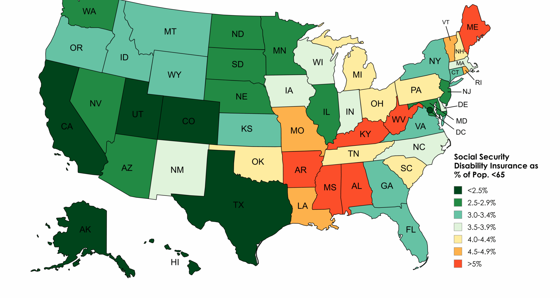 [OC] Social Security Disability Insurance Recipients as Percentage of Pop. Younger Than 65 By State (2022)
