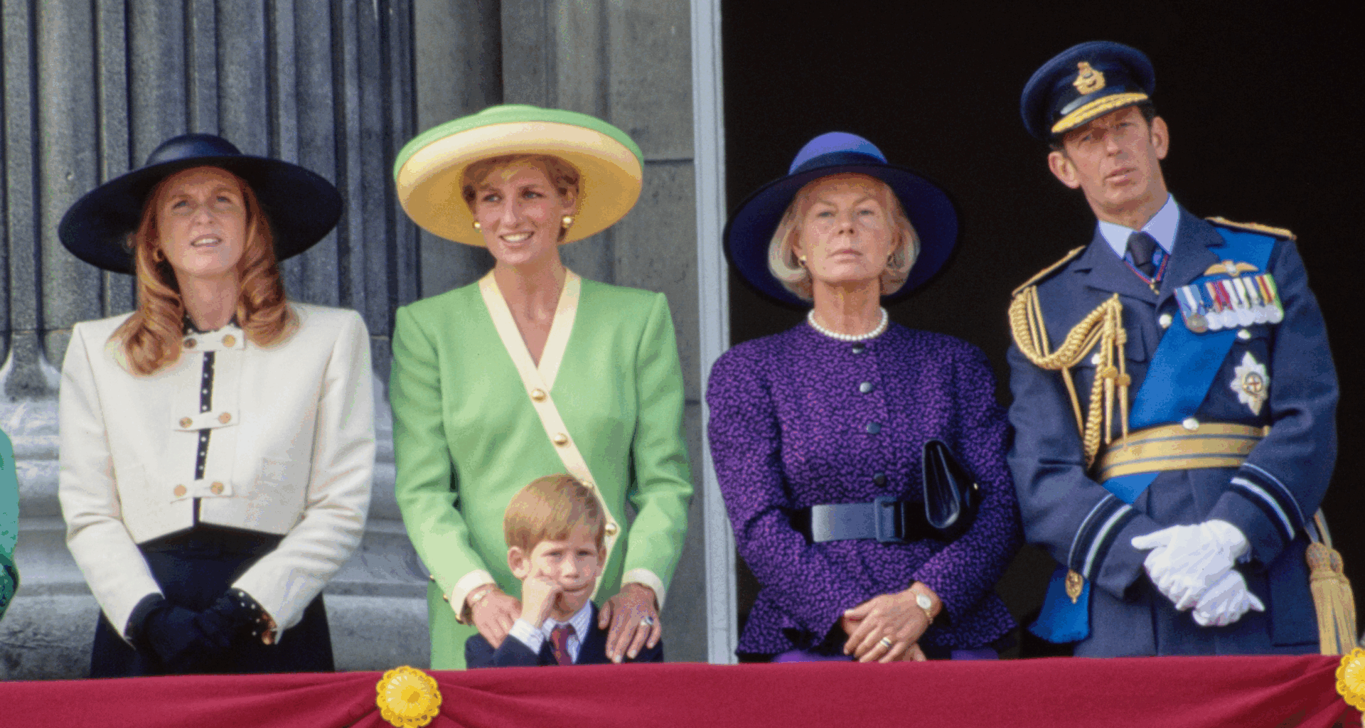 Sarah Ferguson, Prince Harry,Princess Diana, and the Duke and Duchess of Kent on the balcony of Buckingham Palace