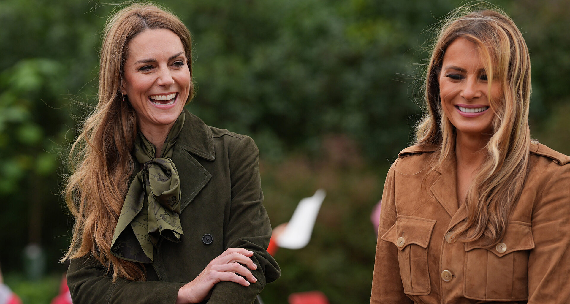 WINDSOR, ENGLAND - SEPTEMBER 18: U.S. First Lady Melania Trump (R) and Catherine, Princess of Wales (L) meet members of the Scouts' Squirrels programme as they tour the grounds of Frogmore Cottage, during the State visit by the President of the United States of America and U.S. First Lady Melania Trump, on September 18, 2025 in Windsor, England. (Photo by Yui Mok - WPA Pool/Getty Images)